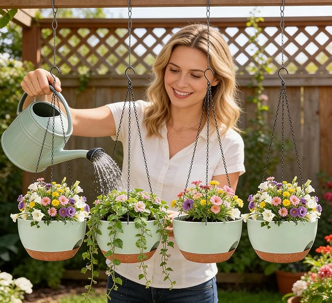 Set of 2-8 Inch Self Watering Hanging Planters for Indoor Outdoor，Hanging Plant Pots with Drainage & Removable Tray, Hanging Pots Holder for Ivy, Pothos, Ferns, Balcony & Patio, Green Brown