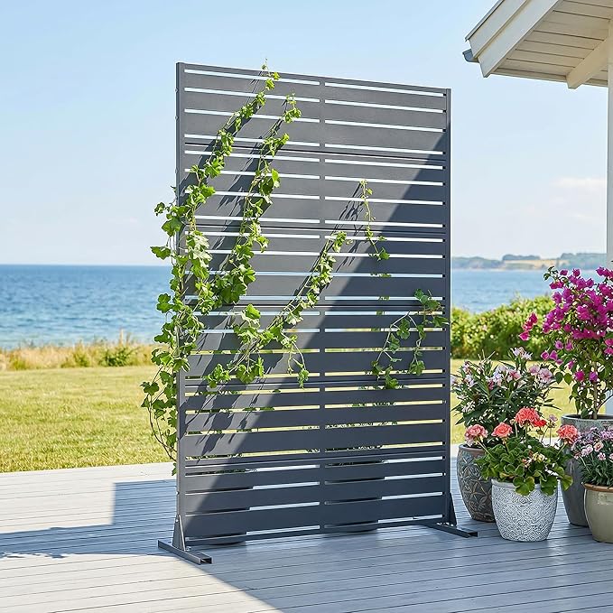Casaphoria Metal Privacy Screen Outdoor, 72" H x 47" W Freestanding Decorative Privacy Screen for Patio Deck Balcony Garden with Stable Base, Grey-Benjamin