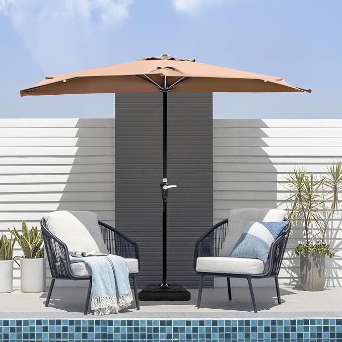 OLIXIS Half 9Ft Umbrella Outdoor Patio, Scalloped Patio Umbrella with Easy Crank, Sun Half Patio Umbrella for Balcony, Market, Garden, Khaki