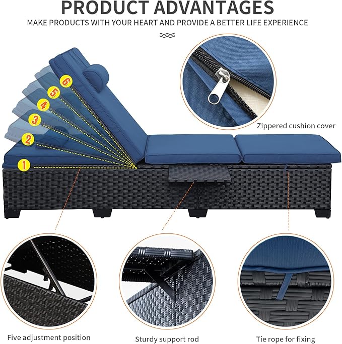 WAROOM Outdoor Chaise Lounge Chairs for Outside Patio Furniture Set of 2 Wicker Recliner Black Rattan Sunbathing Lounger Adjustable Backrest Pool Reclining Chair, Navy Blue Cushion