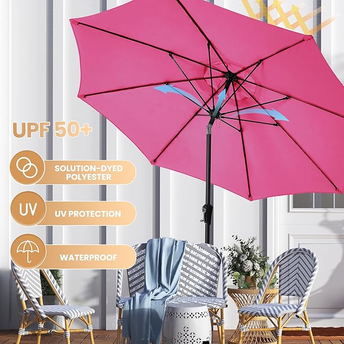 Ayge 9FT Large Outdoor Patio Umbrella Market Table Umbrella-UV Resistant, Easy Push Button Tilt and Crank, 8 Sturdy Fiberglass Ribs Heavy-Duty Pool Umbrella for Deck, Backyard,Garden,Rose Pink