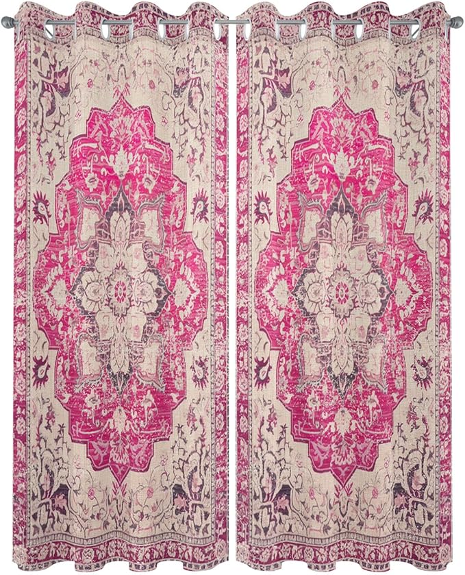 Pink Bohemian Outdoor Curtains for Patio Waterproof, Grommet Privacy Curtain Drapes Weatherproof Outside Curtains for Porch GazeboPergola Cabana 2 Panel 54x84inch Medallion Floral Geometric Printed