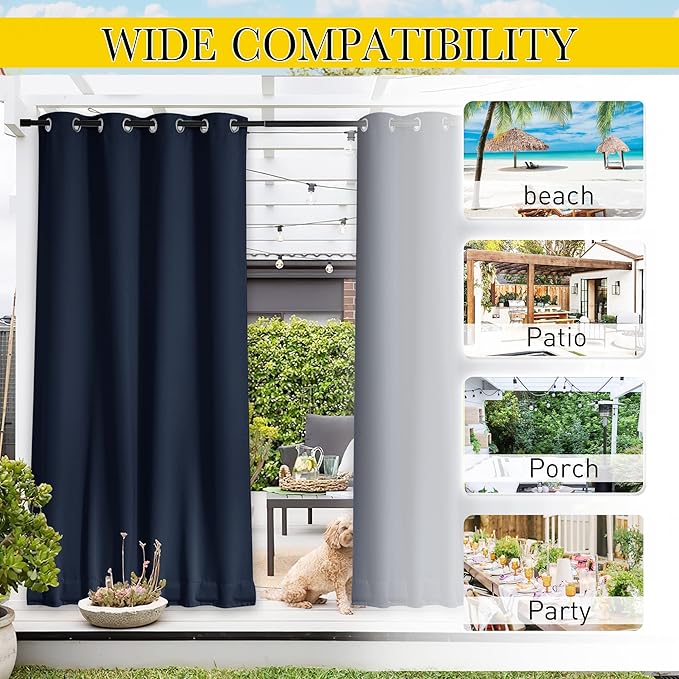 NICETOWN 2 Panels Outdoor Curtains for Patio Waterproof & Windproof, Thermal Insulated Top & Bottom Grommet & Back Tab Light Block Outdoor Drapes with Bouns Rope for Fixed, Navy Blue, W84 by L95