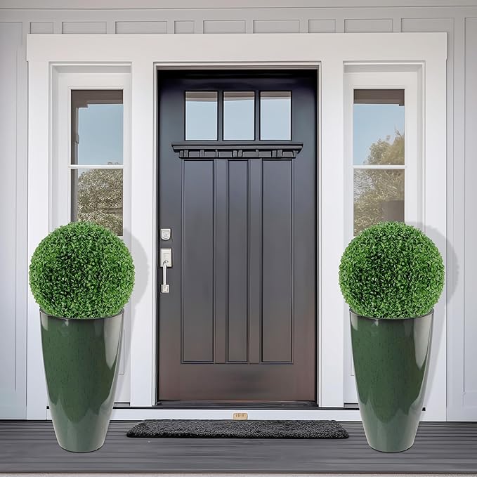 2 Packs 21 inch Tall Planter, Indoor Outdoor Round Planter for Porch, Large Plant Pot with Drainage Hole for Home Garden Front Door, Modern Decorative Pots for Plants (Green)
