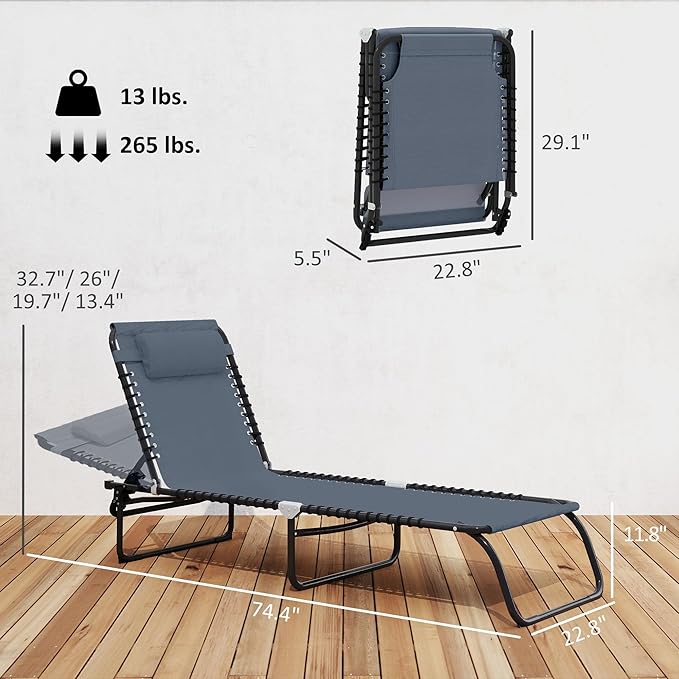 Outsunny Folding Chaise Lounge Chair, Patio Sun Tanning Chair, Outdoor Chaise Lounger with 4-Position Reclining Back, Breathable Mesh Seat for Beach, Poolside, Yard, Gray