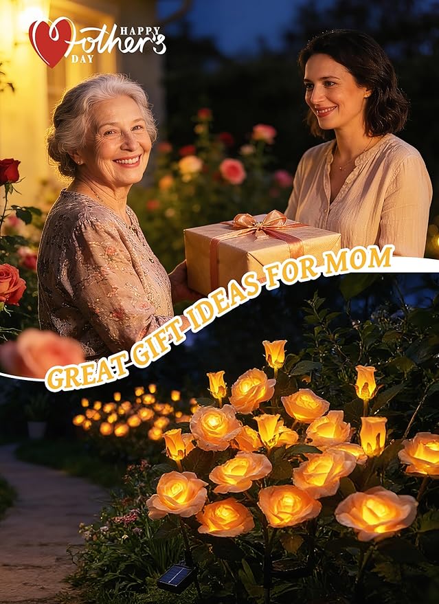 Brightown Outdoor Solar Flower Lights, 4 Pack Solar Garden Light with Larger & More Realistic Champagne Rose, Bigger Solar Panel, Waterproof Solar Lights Outdoor for Yard Garden Lawn Pathway Decor