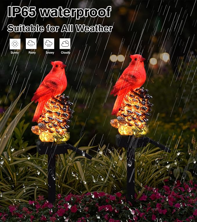 Cardinal Decor Solar Garden Decor Waterproof Red Bird Figurine Solar Stake Lights for Outside Yard Patio Lawn Porch Cemetery