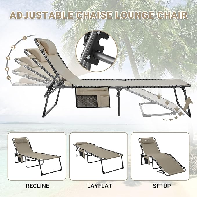 KingCamp Lounge Chair Outdoor, Folding Portable Tanning Chairs Comfy Adjustable 5-Position Lay Flat Foldable Chaise Chaser Lounger with Pillow for Outside Beach Patio Sun Bathing Pool, Beige