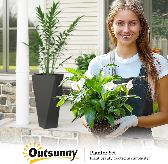 Outsunny Set of 3 Tall Planters, 28.75", 24.5", 20.5", MgO Indoor Outdoor Planters with Drainage Holes, Stackable Flower Pots for Garden, Patio, Balcony, Front Door, Black