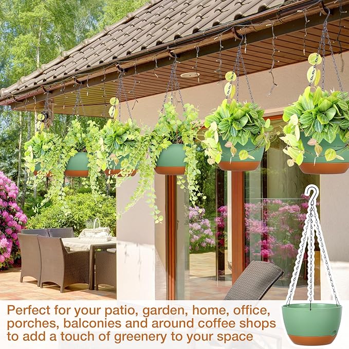 Mumufy 6 Pcs 8 Inch Hanging Planters for Indoor and Outdoor Plants, Green