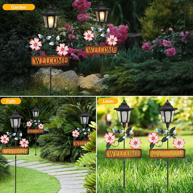 Lewondr Solar Garden Lights Bee, 37.4 Inch Solar Lamp Post Light with Welcome Sign & Bees, Outdoor Waterproof Solar Stake Lights for Yard Porch Patio Pathway Gardening Gifts, 2 Pack