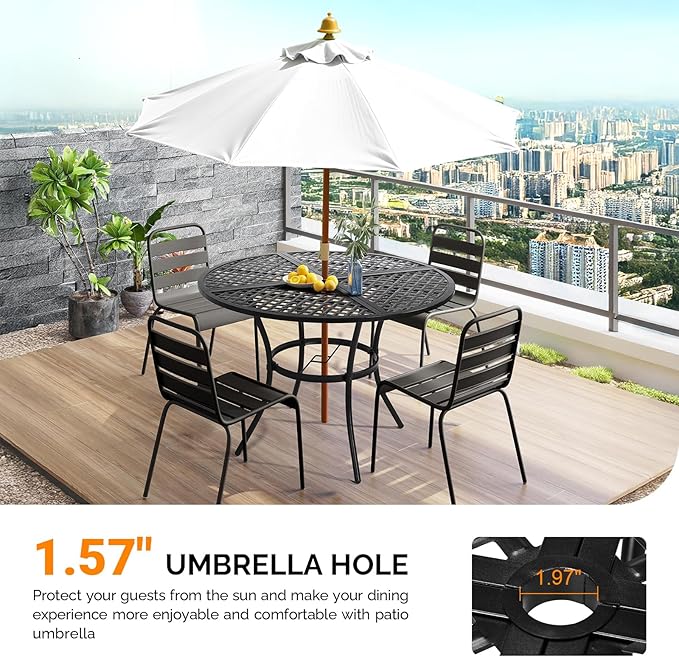 VINGLI 42" Round Outdoor Dining Table - Patio Metal Table with 1.97" Umbrella Hole, Iron Garden Table for Deck Porch Backyard, Black