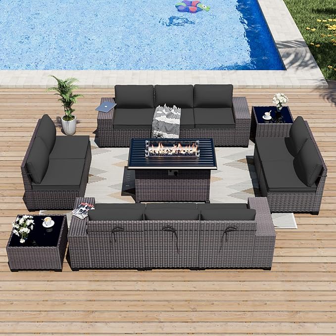 ALAULM 13 Pieces Outdoor Patio Furniture Set with Propane Fire Pit Table Outdoor Sectional Sofa Sets Patio Furniture 43" Gas Fire Pit Brown PE Rattan Patio Conversation Set w/10 Cushions (New Black)