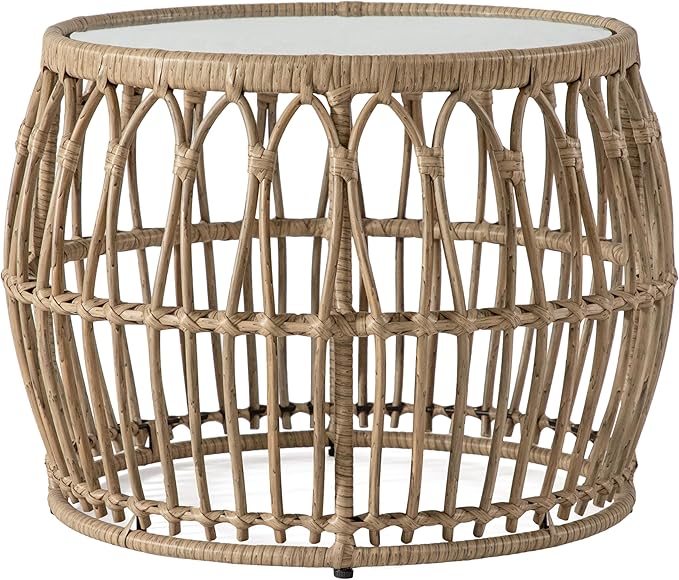 Furniture of America Ysar Boho Rattan Round Coffee Table Outdoor with 5mm Tempered Glass Top, All-Weather and Rust Resistant Patio Furniture