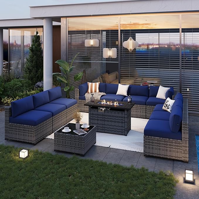 Aoxun Patio Furniture Sets, 12-Piece Outdoor Patio Furniture with 44'' Propane Gas Firepit Table, Wicker Outdoor Conversation Set Sectional Sofa for Backyard, Poolside, Garden