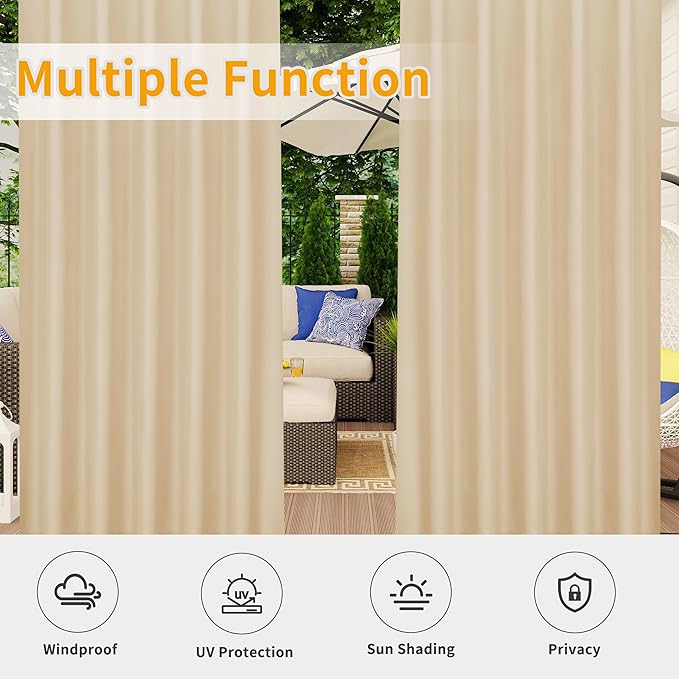 Easy-Going Outdoor Patio Curtains Detachable Tab Top Windproof Weatherproof Curtain for Cabana, Porch, Pergola and Gazebo, Tab Bottom Drape, 2 Panels, 54W x 120L inch, Beige