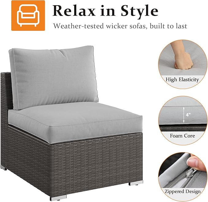 Wisteria Lane 2 Pieces Patio Furniture Sets, Outdoor Sectional Furniture with Armless Sofa, Tempered Glass Table and Cushion, Patio Conversation Sets for Garden Backyard, Grey