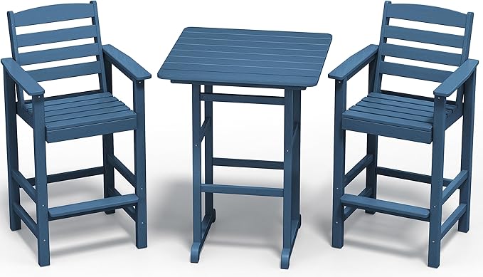 SERWALL Balcony Adirondack Chairs and Table 3 Pieces Set, Adirondack Bar Height Chairs Set of 2 and Bar Table, Outdoor Bar Stools Set for Bistro, Poolside, Backyard, Blue