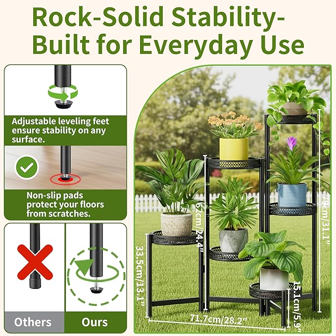 6 Tier Metal Plant Stand Indoor Outdoor, Corner Tall Plant Shelf for Multiple Plants, Foldable Heavy Duty Plant Holder, Decoration Flower Stand for Living Room Balcony Patio Garden- BlackWave