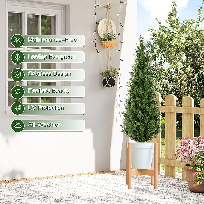 2 Pack 4ft Artificial Cedar Topiary Trees with Ground Spike, Realistic Fake Plants Tree UV Resistant Artificial Plants Indoor Outdoor Faux Plants Evergreen Bushes Shrubs for Porch Garden Office