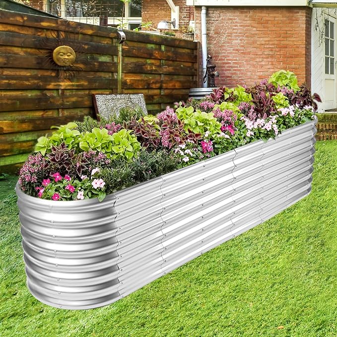 Land Guard 8×2×2ft Galvanized Raised Garden Bed Kit, Raised Garden Boxes Outdoor, Oval Metal Raised Garden Beds for Vegetables, Silver