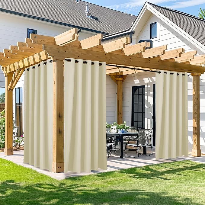 NICETOWN Outdoor Patio Curtain 84 inch Long, 66" Wide Waterproof & Weatherproof Curtain for Porch Gazebo Pergola Shower Pool Outside Deck, Privacy Protection Drape for Summer & Winter, 1 Panel, Beige