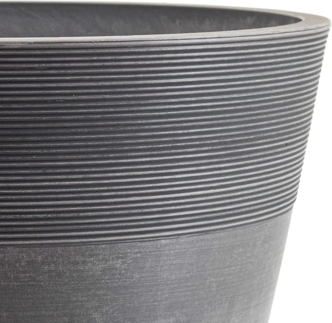 PSW Pot Collection 12-inch Plastic/Stone/Wood Composite Large Ribbed Planter – No Drainage Hole (Drillable), Indoor/Outer Garden Pot for Foliage, Trees, Flowers, Ferns, Cement Gray