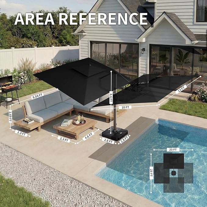 10 X 13 FT Cantilever Patio Umbrella with LED Lights Outdoor Heavy Duty Double Top Windproof Rectangle Offset Umbrellas with 360-degree Rotation for Pool Deck Backyard, Black