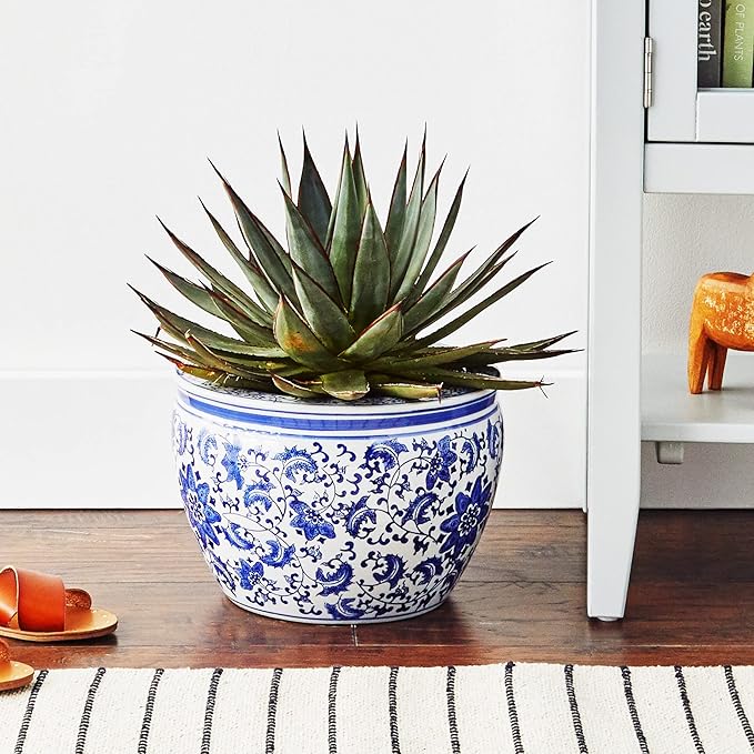 Red Lantern 12" Floral Blue & White Porcelain Fishbowl Planter or Cachepot for Indoor/Outdoor Use in Garden Entryway Living Room Boho Eclectic Modern Contemporary Classic Traditional Style Decor