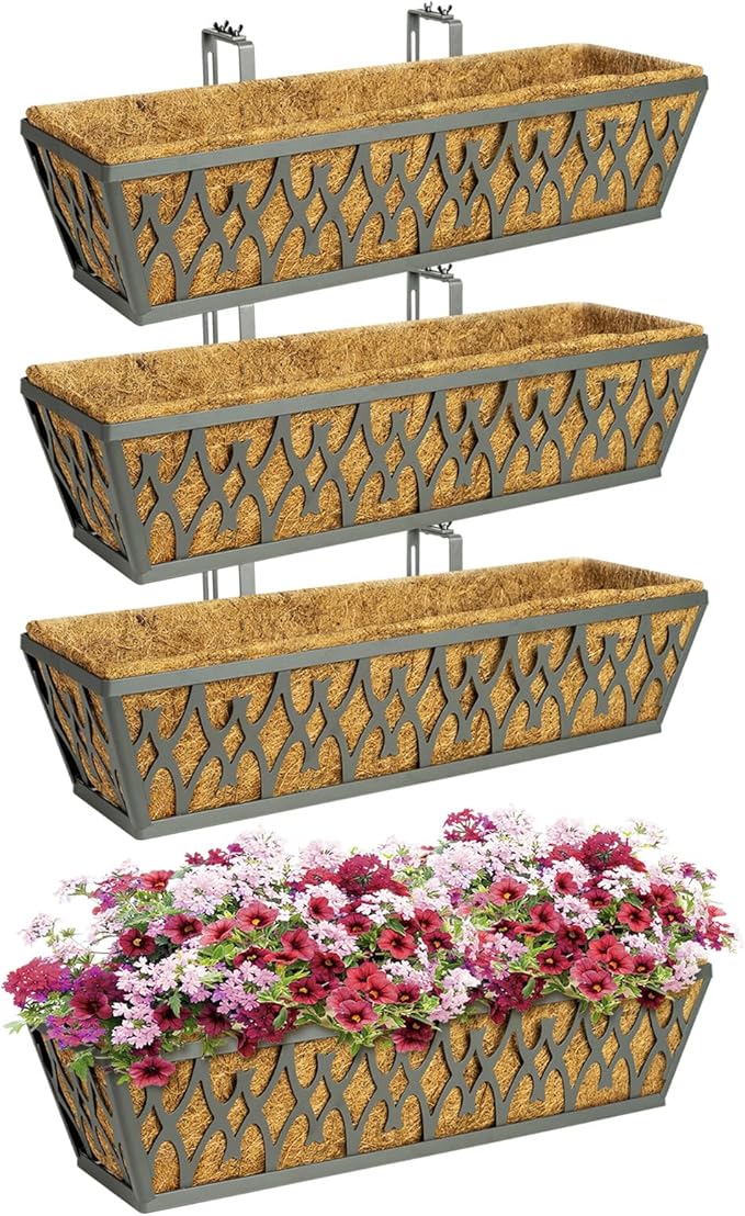 4 Pack 24 Inch Window Boxes Planters Railing Planter Box with Adjustable Brackets for Porch Fence Patio Balcony Hanging Flower Baskets with Coco Liners for Outdoor Garden Decor - Dark Grey