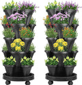 Umigy 2 Set 5 Tier Stackable Planters Vertical Garden Planters for Strawberry Herb Flower and Vegetable Indoor Outdoor Gardening Pots with Removable Wheels and Bottom(Black)
