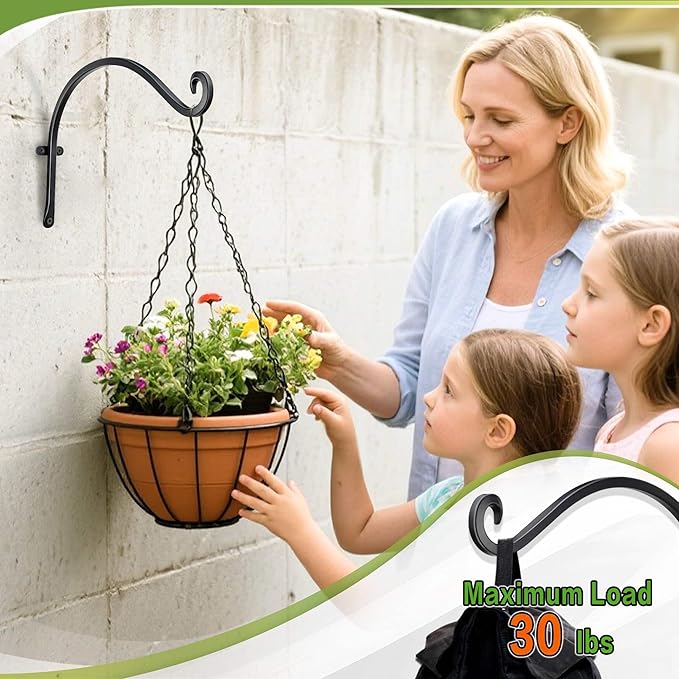 Qiang Ni Bird Feeder Hanger: 12-Inch Wall-Mounted Plant Bracket Outdoor - 4 Pieces Black Plant Hooks for Hanging Flower Baskets