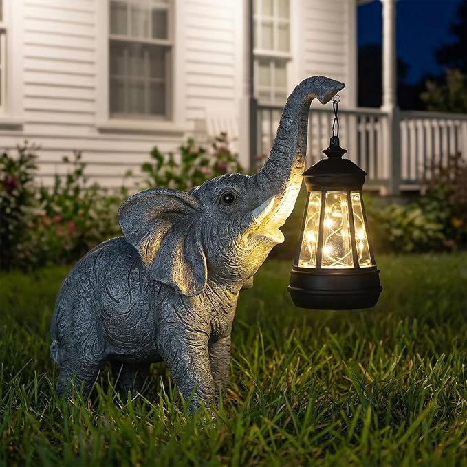 Solar Garden Statue Lights Elephants Figurine with Solar Lantern, Outdoor Yard Decorations for Patio Porch Home, Mothers Day Decorations Gift for Women - Unique Housewarming Gifts