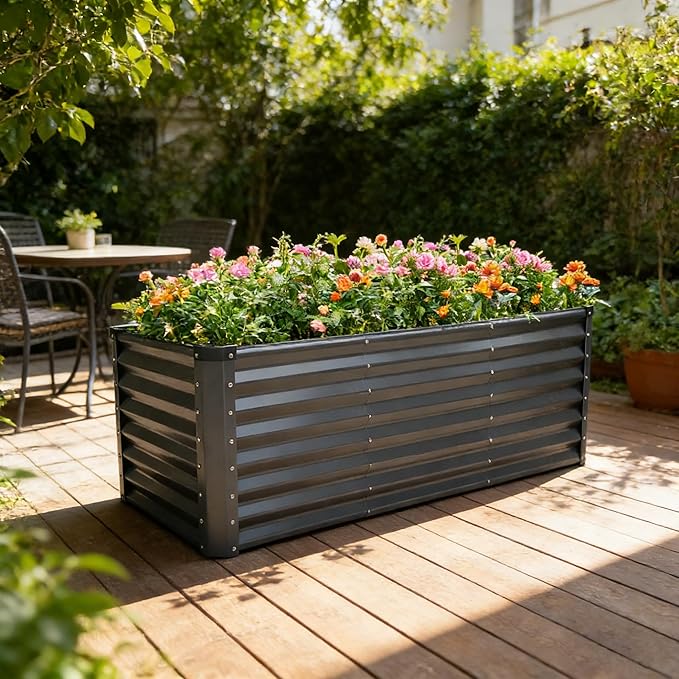 GARDMAX 8x4x2FT Galvanized Raised Garden Bed Kit, Metal Planter Boxes Outdoor with Easy Assembly, Large Garden Bed for Vegetables, Fruits, Flower, Herbs Rectangle Dark Gray