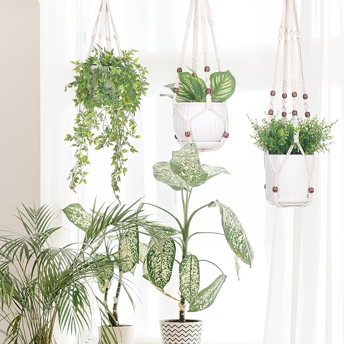 YIBOT 3 Pack Macrame Plant Hangers Indoor Different Size Hanging Planter Basket Flower Pot Holder with Beads No Tassels 35"/29"/23"(POTS NOT Included)