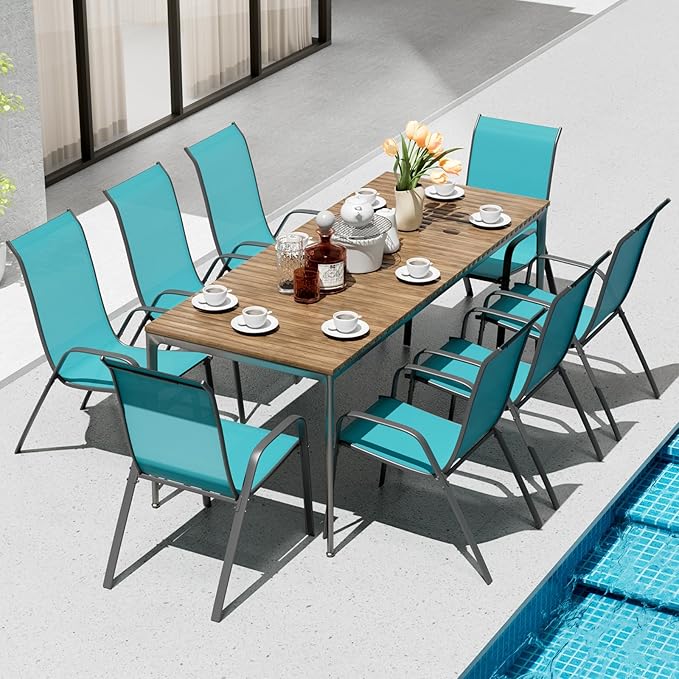 TLSUNNY Patio Chairs, Stackable Textilene Outdoor Dining Furniture for All Weather, with 17.7″ Wide Seat & Metal Frame, for Garden, Backyard, Deck, Restaurant, Poolside (8, Turquoise Blue, 26.4″)