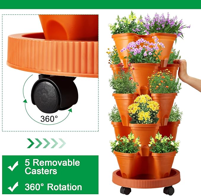 Umigy 2 Set 5 Tier Stackable Planters Vertical Garden Planters for Strawberry Herb Flower and Vegetable Indoor Outdoor Gardening Pots with Removable Wheels and Bottom(Terracotta)