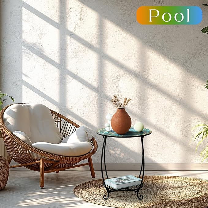 Outdoor Side Table Round Small Mosaic Patio Accent Indoor End Plant Coffee Tea Table for Yard Patio Porch Garden Living Room, Bedroom(Butterfly Style,18 Inch)