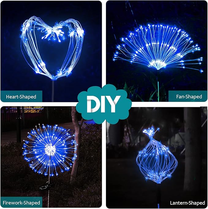 JJGoo Solar Firework Lights, 2 Pack 180 LEDs 2 Lighting Modes Solar Lights Outdoor Waterproof for Garden Patio Walkway Pathway Party Wedding Christmas Decorative -Blue