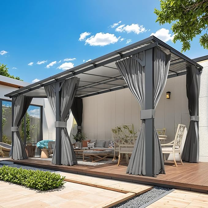 AECOJOY 16' x 10' Gazebo Outdoor Pergola for Patio with Curtains and Netting, Large Wall-Mounted Hardtop 10x16 Lean to Metal Gazebo Shelter Pergolas and Gazebos Clearance with Patio Roof