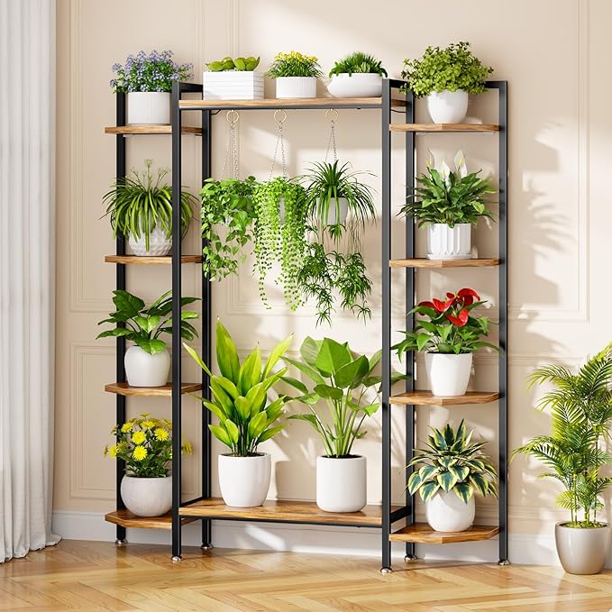 C1 Plant Stand Indoor with 6 Grow Lights, 6 Tiered Large Metal Plant Stand, 55 Inches Tall Plant Shelf with Hooks, Plant Holder Display Shelves for Patio, Garden, Living Room, Balcony