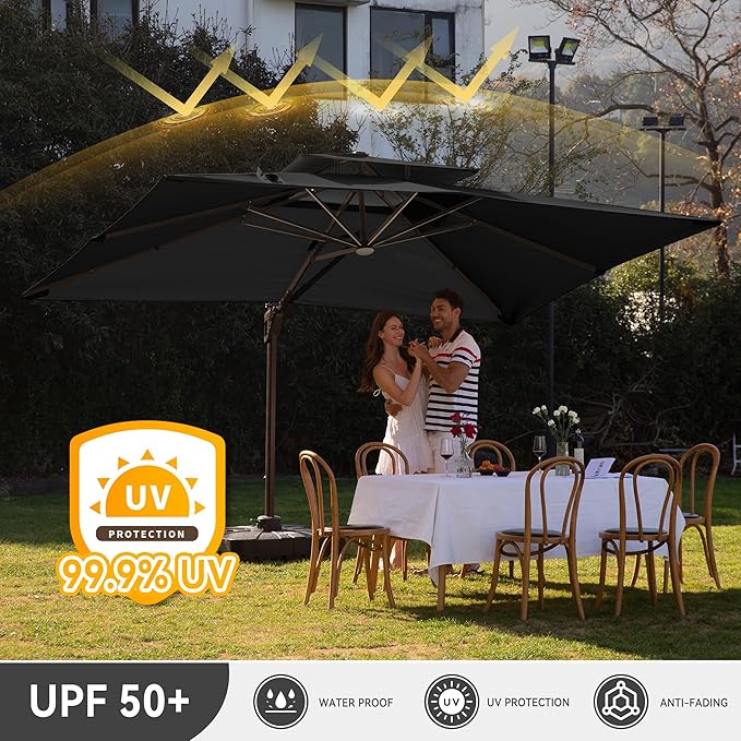 10 X 13 FT Cantilever Outdoor Patio Umbrella with Led Lights Large Heavy Duty 360° Rotation Double Top Offset Rectangular Umbrellas for Backyard Garden Pool Outside Deck, Black