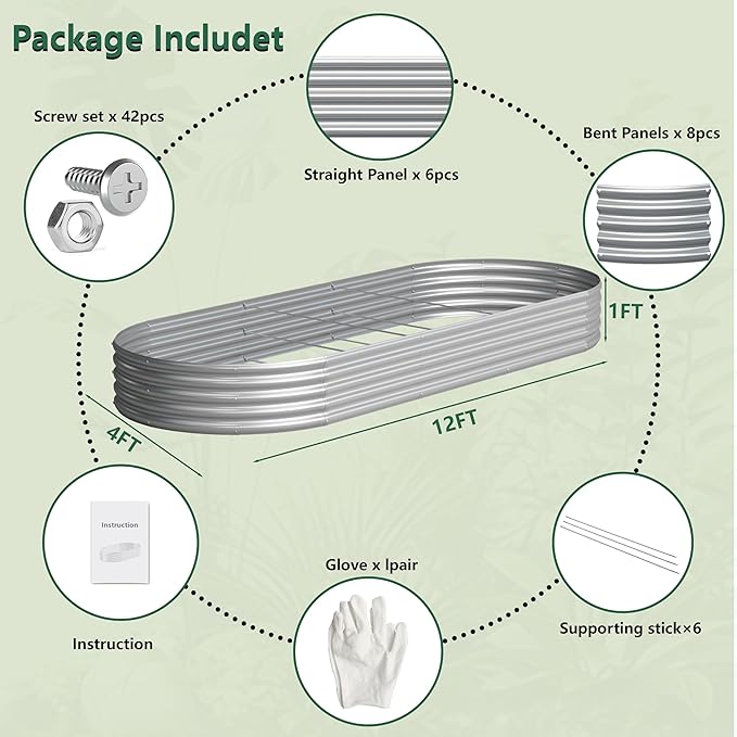 2PCS 12x4x1FT Galvanized Raised Garden Bed Kit,Vegetable Boxes-Oval Metal Flower Box,Large Planter Raised Beds Outdoor Garden for Planting,Fruit,Herb-Silver