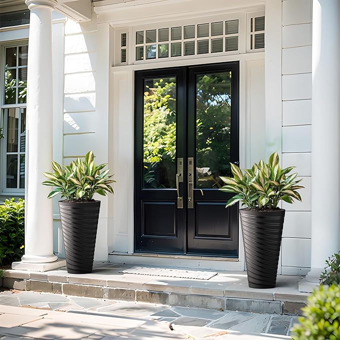 Kante 23 Inch Tall Planter Set of 2, Round Spiral Textured Flower Pots, Decorative Plant Pots for Outdoor Indoor Garden Patio Front Porch (Black)