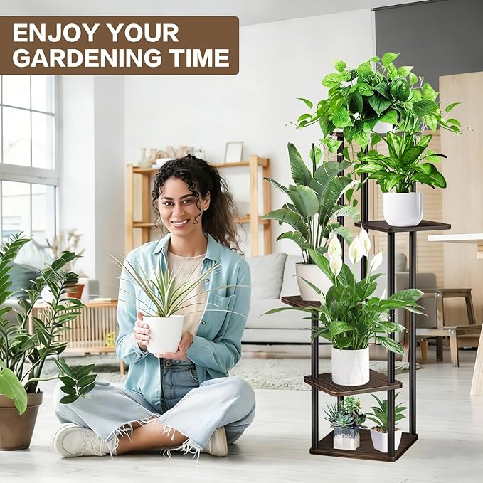 5 Tier Wood Tall Plant Stand Metal Rack Indoor, Multiple Flower Pot Holder Shelves Corner Rack, Planter Shelf Display Rack Storage Organizer for Patio Living Room Balcony Garden(Black Oak)