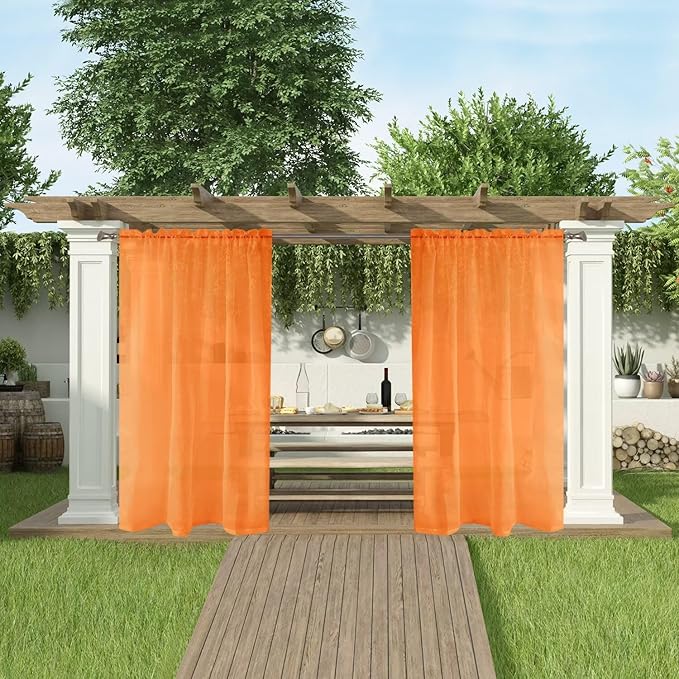SpaceDresser Waterproof Outdoor Sheer Curtains for Patio - 2 Panels Rod Pocket Indoor Voile Sheer Curtain for Living Room,100W x 120L inch, Orange