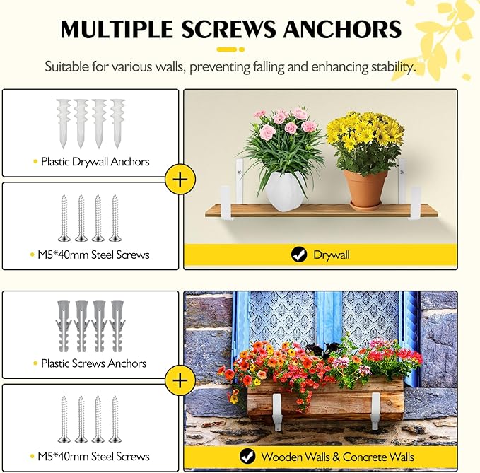 LukLoy Window Planter Box Brackets, 6 Pack Adjustable Heavy Duty Wall Mount Window Flower Boxes Outdoor with Bracket (6 to 12 in), with 70lbs Capacity, White