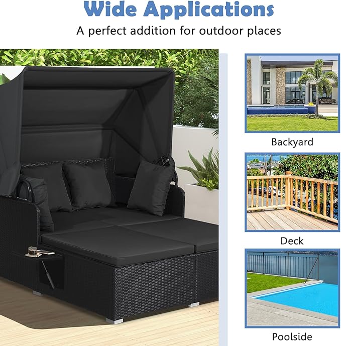 Tangkula Patio Rattan Daybed with Retractable Canopy, Outdoor Wicker Sunbed Lounger with 2 Foldable Side Tables, Thick Seat & Back Cushions, Outside Double Daybed for Garden, Backyard, Porch (Black)