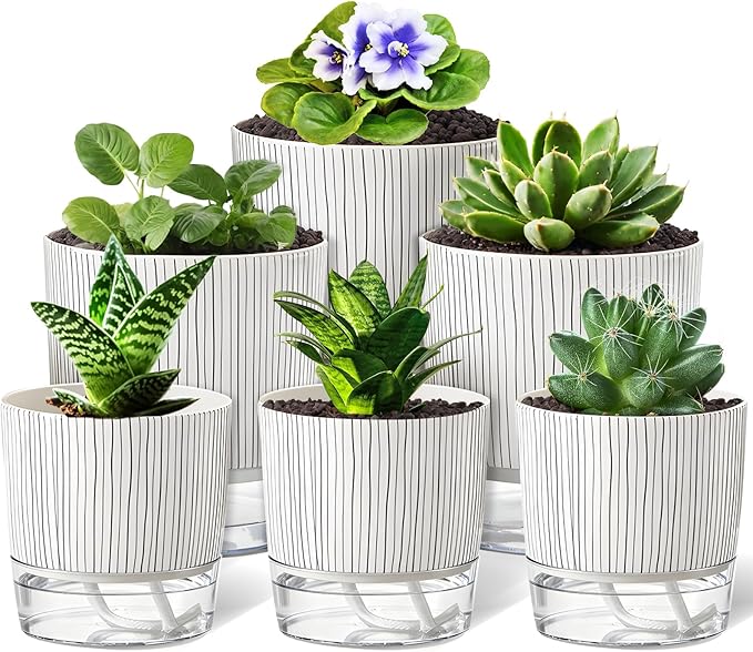 6 Pack Self Watering Pots for Indoor Plants, Flower Planters with Wick Rope & Reservoir, 4" + 5.5" Plastic Pots for African Violet, Orchid, Succulent, Herbs