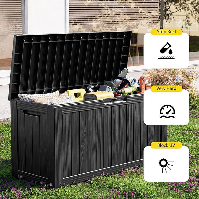 ROJIK Outdoor Storage Box with Wheels – 85 Gallon Mobile Waterproof Resin Deck Box, Lockable Storage for Patio Cushions, Garden Tools, Pool Accessories – UV-Resistant Storage Bench for Backyard & Deck
